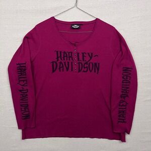 Harley Davidson Womens Long Sleeve Thermal Henley Shirt Magenta Graphic Print